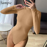 2020 New Fashion Women Sexy Long Sleeve Nude Knitted Bodysuit Black White Turtleneck Autumn Skinny Short Rompers Body