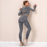 Women Sport Suit Sports 2PCS Set Gym Workout Clothes Long Sleeve Fitness Crop Top + High Waist Energy Seamless