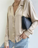 Elegant Satin Silk Women Shirts Spring Autumn Vintage Turn Down Collar Female Blouse white Office Ladies Shirt Tops