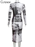 Women's Elegant Printed O-neck Patchwork Maxi Dress Full Long Sleeves Body-shaping Robe Lady Evening Attirewear Vestidos-Outfit