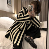 Autumn Winter Striped Sweaters Female Clothing Casual Long Sleeve Korean Loose Stylish Hooded Pockets Knitted Cardigan-Outfit