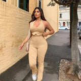 Women Sexy Halter Backless Sleeveless Crop Top Pants Matching Sets Outfits Two Piece Set