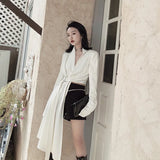 White Asymmetrical Jacket For Women V Neck Long Sleeve High Waist With Sashes Coats Female Fashion Clothes 2020
