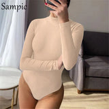 2020 New Fashion Women Sexy Long Sleeve Nude Knitted Bodysuit Black White Turtleneck Autumn Skinny Short Rompers Body