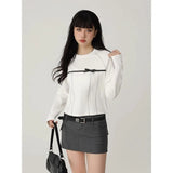 Woman Tshirts 2023 Ropa Mujer Long Sleeve O-neck Crop Tops Shirts for Women Sweet Bow Fashion Vintage Casual T-shirts-Outfit