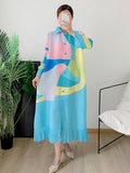 Straight Dress For Women Lapel Long Sleeve Single Breasted Colorblock Patchwork Ruched Dresses Female Clothing