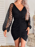 V-neck Pleated Stitching Polka-dot Mesh Dress Custom Spring Autumn Long Sleeve Bodycon Black Slim Package Mini