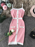 Color Striped Tight Stretchy Knit Tank Dress Single Breasted Buttons Ladies Party Sexy Body-con Step Knit