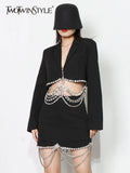 TWOTWINSTYLE Slim Chain Hem Black Two Piece Set Women Notched Collar Long Sleeve Blazers High Waist Mini Skirt Solid Sets