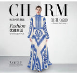 Collar Lantern Sleeve Positioning Printing Waist 100 Folds Long Dress Dress Women's Dress 2025