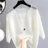 and Summer New Ice Silk Knitted Vest Tops White Shirt Hollow Out Bottoming Streetwear Fashion Womens Thin Clothing