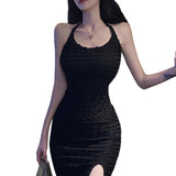 Women Bodycon Dress, Solid Color & Ruffle Halter Split Low Chest Hip Dress, Ladies Party/Bar/Club Mini Dress-Outfit