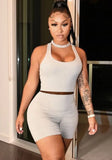 Sexy U-neck Sleeveless Solid Two Piece Shorts