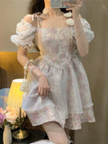 Princess Sweet Dress Women Summer Elegant Print Mini Dresses Casual High Waist Puff Sleeve Korean Fashion Dress 2022