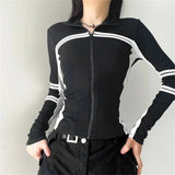 Women Black Patchwork Zipper Crop Tops Autumn Ribbed Basic Stand Collar Long Sleeve Slim Jacket Y2K Streetwear Shirts-Outfit