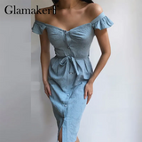 Sexy off shoulder cotton women summer dress Ruffles bodycon slim midi dress Office ladies spring 2021 vestidos