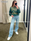 New Green Women Sweatshirts Cotton Letters Print Hoodies Tops O-Neck Long Sleeve Autumn Winter Sweatshirt Pullovers Tops-Outfit