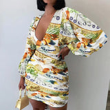 ArtsuWomen Sexy Deep V Neck Floral Print Dresses Long Lantern Sleeve Ruched Dress Elegant Female Bodycon Party Dress