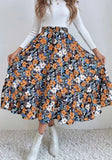 Printed Modest High Waist Elastic Waist Print Midi A-Line