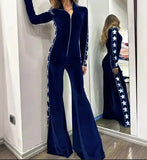 Fashion Velvet Splicing Print Long Sleeve Broad Leg