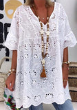 Toloer Women's New V-Neck Hollow Embroidered Blouse Short-Sleeved
