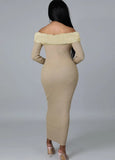 Sexy Kahaki Ribbed With Fake Fur Off Shoulder Long Sleeve Long