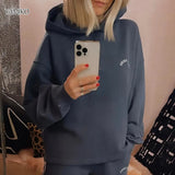 2023 Autumn Winter Sweatshirt For Women Letters Printed Navy Blue Hoodie Fleece Warm Long Sleeve Hooded Pullovers Tops-Outfit