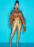 Colorful Striped Puff Sleeve Crop Top and Pants 2pc