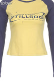 Long Sleeve Graphic T Shirts Retro Y2k Clothes for Women Letter Printed Raglan Sleeves Crop Tops