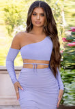 Purple One Shoulder Crop Top and Ruched Pencil Skirt 2pc