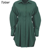Summer Pleated Shirt Dress Fashion A-Line Single Breasted Casual Dresses Turn-Down Collar High Waist Solid Mini Dress