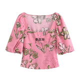 Summer New Women's Collar Bubble Sleeve Short Linen-Blend Print