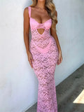 Women Summer V-neck Long Dress Sleeveless Strap Backless Mesh See Through Lace Floral Hollow Out Party Dress 2024 New-Outfit