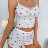 Summer New Large Print Pit Strip Home Lady Bow Slings Shorts Strawberry Print Two