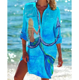 Women Printed Blouse Long Top Tunics Cardigan Half Sleeved Loose Beach Wear Swimwear Ladies Dresses Shirts Button 2023-Outfit