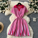 Retro-Necked Short-Sleeved Striped Knitted Dress Female Waist Temperament Thin A-Word