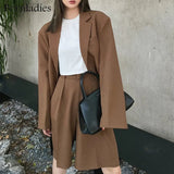 Women Retro Loose Blazer Sets Single-breasted Jacket & Straight Shorts 2 Pieces Sets Female Blazer