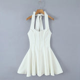 Style Collar Slings Waist Retro Skirt Dress Party Wide Swing Spliced Hanging Neck