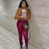 Streetwear Faux Pu Leather Pants Women Trousers Black Khaki Skinny High Waist Pants Legging Pleated Sexy Bodycon