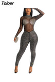 Rhinestone Sparkling Jumpsuit Women See Thorugh Mesh One Pieces All Black Luxury Party Clubbing Outfits