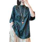 Chinese Style Buckle Imitation Silk Blouse Women's Loose Bat Sleeves Dark Green National Style Shirt-Outfit
