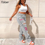 Casual Hole Ripped Light Blue Hight Waist Denim Pants Women Party Club Jeans Side Tassel Pants Trousers