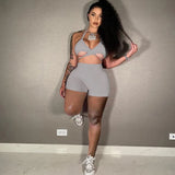 Casual Sporty Set Woman 2 Pieces Halter Crop Top Camisole High Waist Pants Matching Sets Sexy Backless Solid Slim