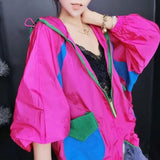 Contrasting Colors Hooded Coats Women's Clothing Stylish Pockets Patchwork Summer Thin Zipper Casual Loose