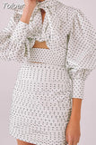 Slim Polka Dots Two Piece Set For Women V Neck Long Sleeve Bowknot Shirt High Waist Mini Skirts Colorblock Sets Female