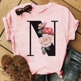 Letter Alphabet A-Z Women T-Shirts Fashion Breathable Flowers Short Sleeve Casual Tops Couple Basic Tee Crew Neck Clothes
