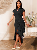 V-Neck Loaf-Side Dress High-Waisted Open-Fork Irregular Hem Dinner Dress Dress