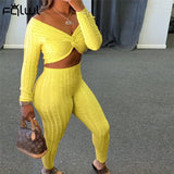 Winter Casual Two 2 Piece Sets Tracksuit Sweatsuits For Women V Neck Crop Top Skinny Pants Suits Knitting Matching