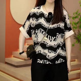 Abstract Letter Printed T-shirt Women's Clothing Korean Loose Short Sleeve 2023 Summer Stylish Patchwork O-Neck Pullovers-Outfit