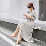 Elegant Single Breasted Women Pleated Dresses Full Sleeve Slim Waist A-line Dresses Casual Female Long Vestidos